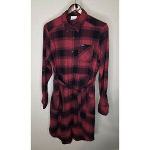 Columbia Women’s Red Black Plaid Flannel Shirt Dress Belted Size Large